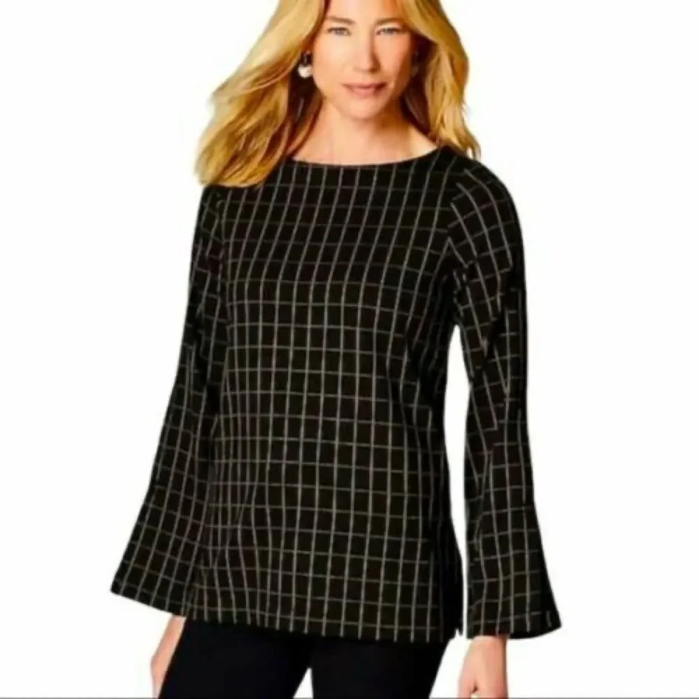 J Jill Top Size LP Large Petite Boat Neck Windowpane Ponte Knit Tunic Black Tan - Picture 1 of 6